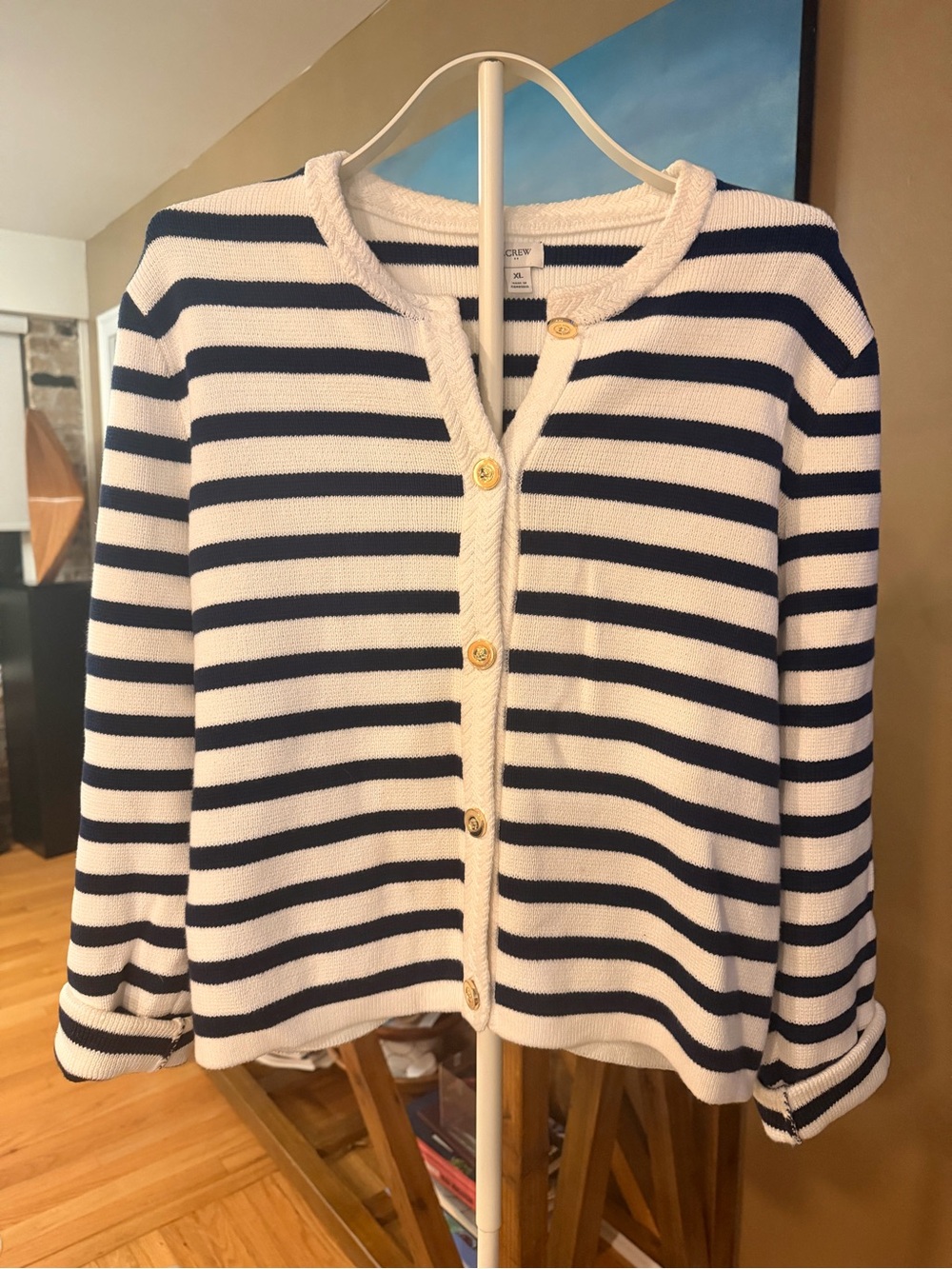 J. Crew Navy and White Striped Button-Up Cardigan
